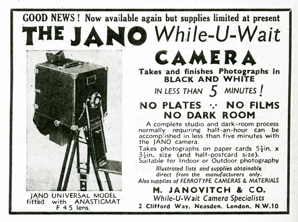 A January 1947 advertisement for the Jano While-u-Wait Camera, which was then becoming available again after WW2