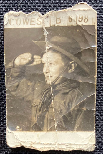 Stickyback of a youth in a scouting uniform, taken at Cowes, Isle of wight