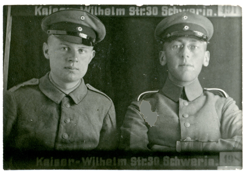 stickyback of two young soldiers from Kaiser-Willhelm-Stra�e 30 (now Mecklenburgstra�e) � Schwerin, Germany, reproduced with grateful thanks to Irma Benedetto