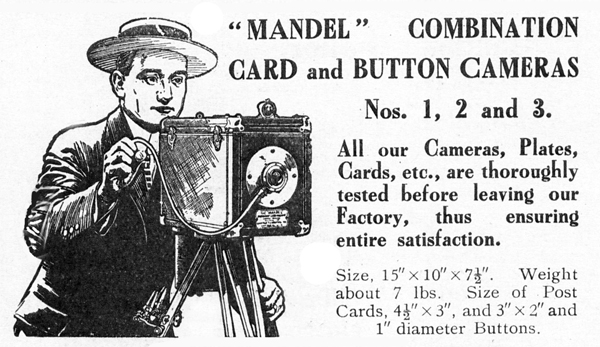 1915 advertisement for the Mandel Combination Card and Button Camera by the Chicago Ferrotype Co
