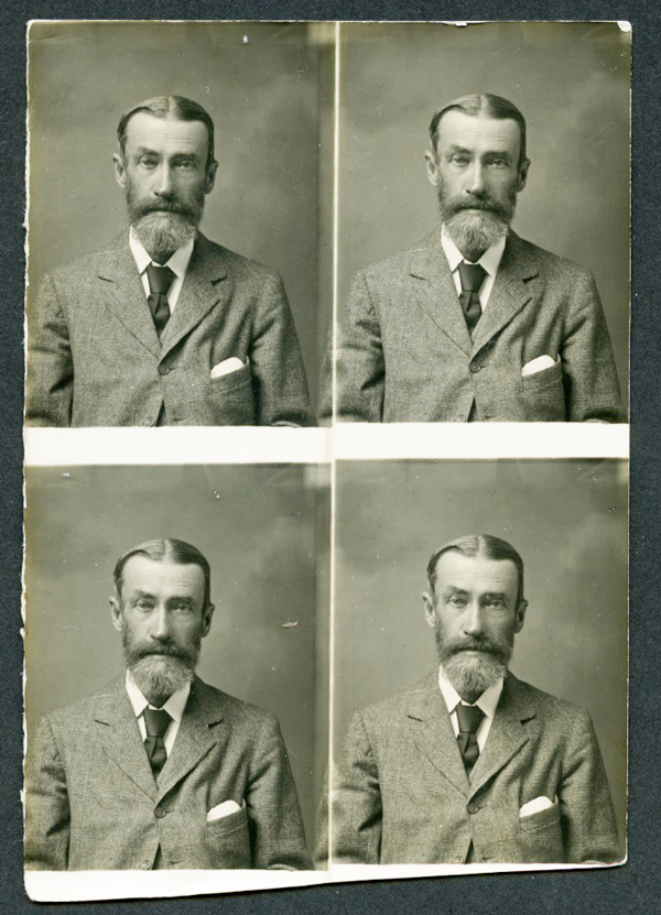 Uncut block of four passport photographs, unknown photographer, printed on thin photographic paper.