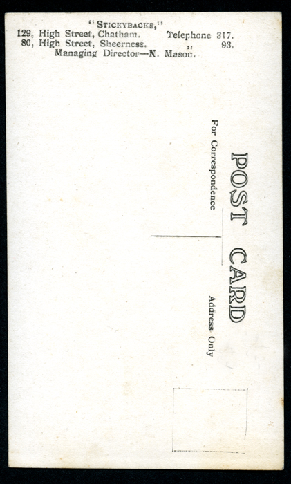 reverse of Stickybacks postcard, Chatham and Sheerness